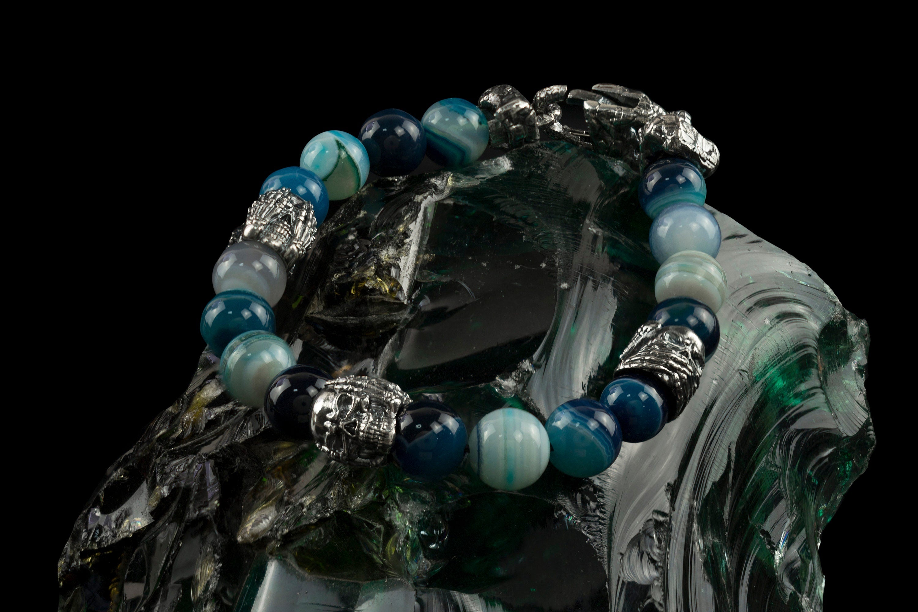 Handcrafted 925 sterling silver "See No Evil, Hear No Evil, Speak No Evil" skull bead bracelet with ocean blue natural gemstone beads