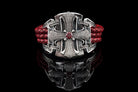 Gothic sterling silver cross bracelet with cubic zirconia, red center stone and red braided leather on black