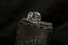Rider heavy 925 sterling silver skull ring featuring a bearded skull and detailed motorcycle goggles, displayed on a wooden Yeti Jewelry box.