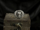 Blade Boss heavy 925 sterling silver skull ring with detailed circular relief and oxidized gothic finish
