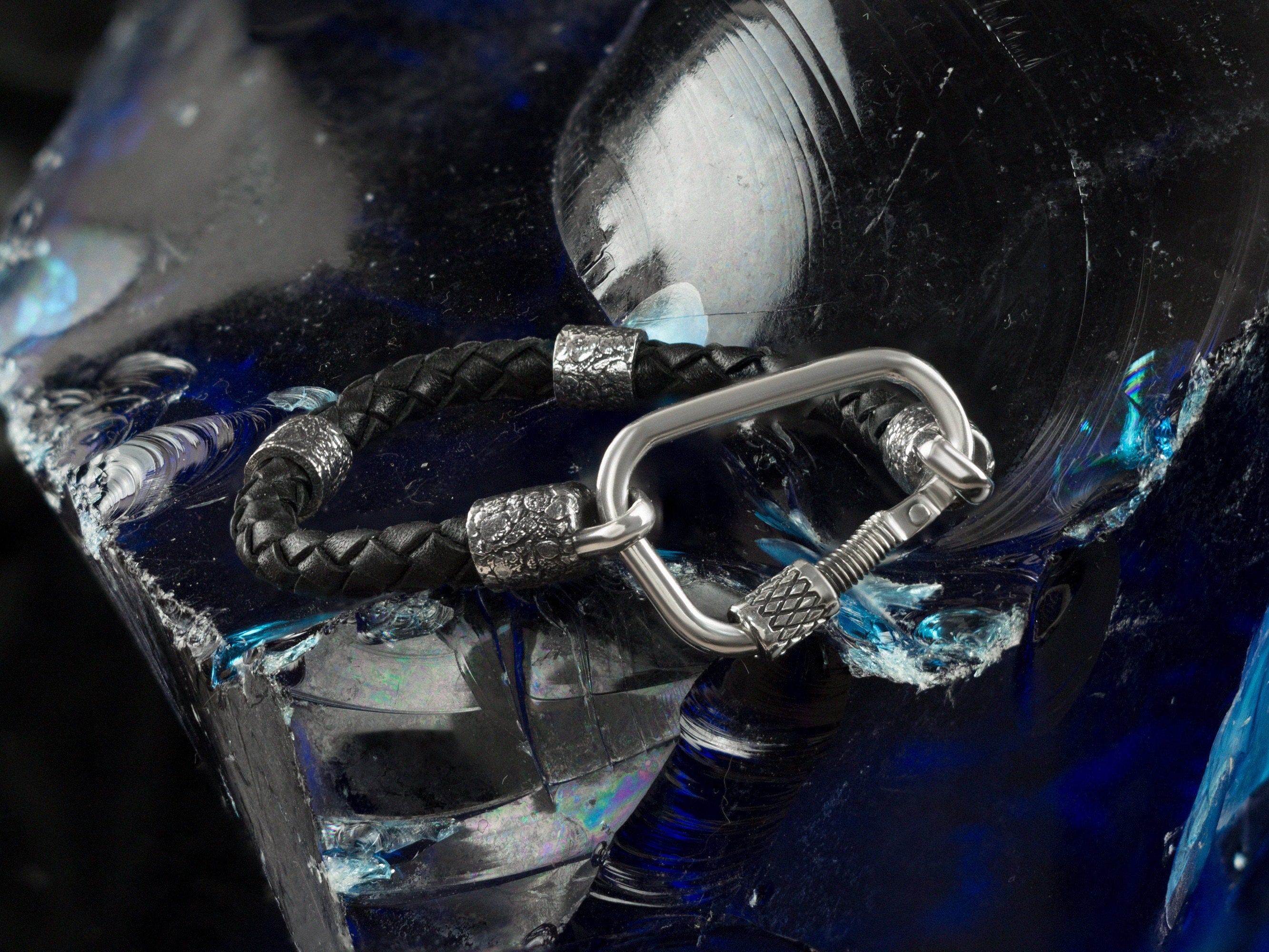 Rock Climber bracelet with 925 sterling silver carabiner clasp and braided black leather strap