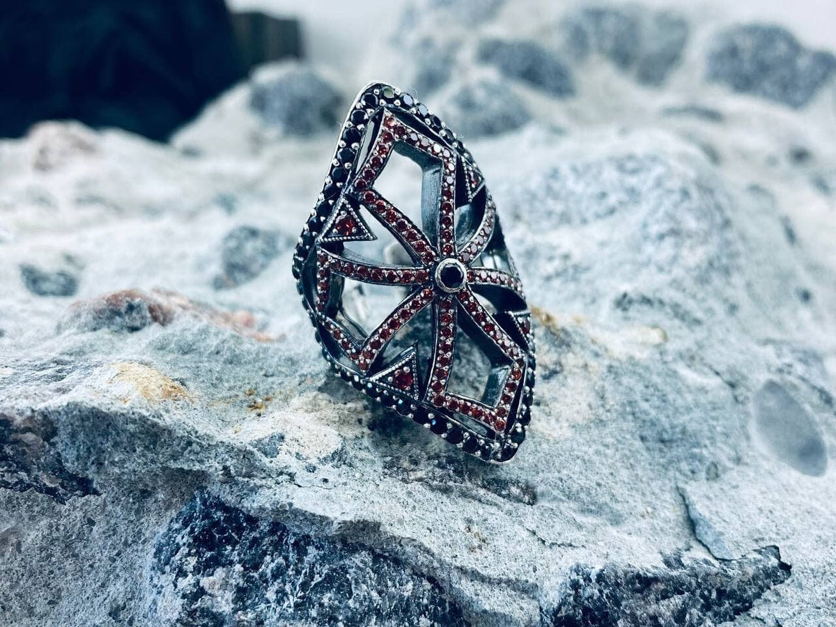 925 sterling silver gothic cross ring with red cubic zirconia and openwork medieval-inspired design