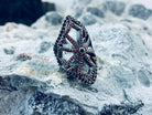 925 sterling silver gothic cross ring with red cubic zirconia and openwork medieval-inspired design