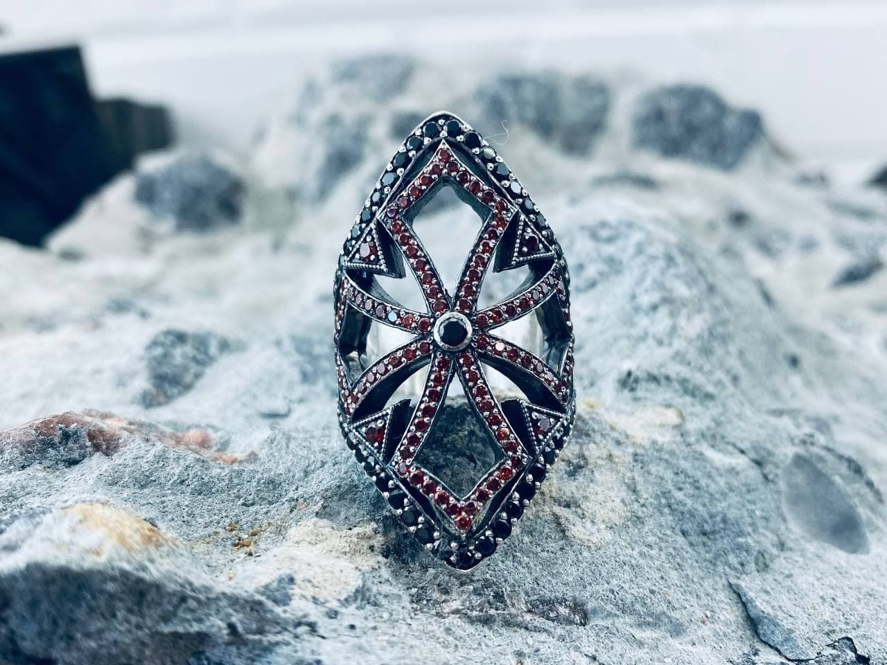 925 sterling silver gothic cross ring with red cubic zirconia and openwork medieval-inspired design