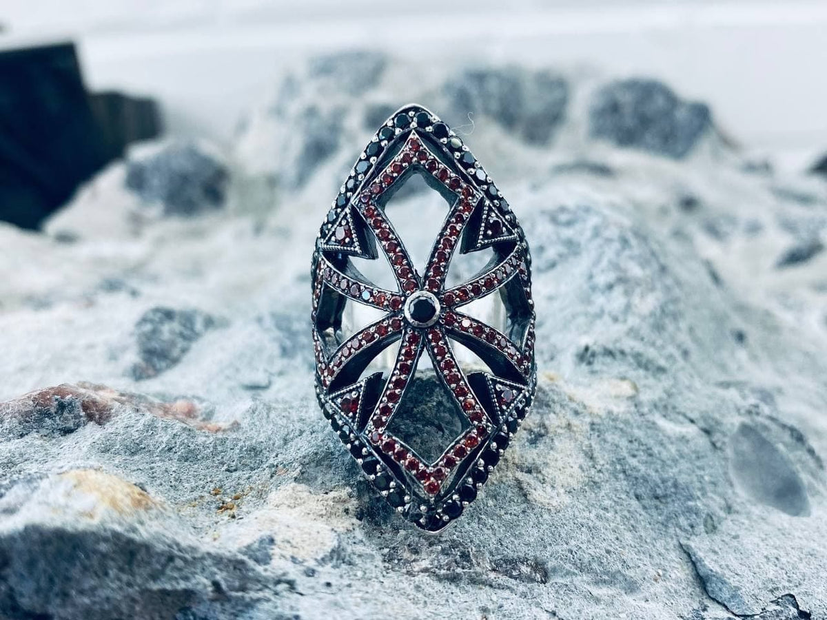 925 sterling silver gothic cross ring with red cubic zirconia and openwork medieval-inspired design
