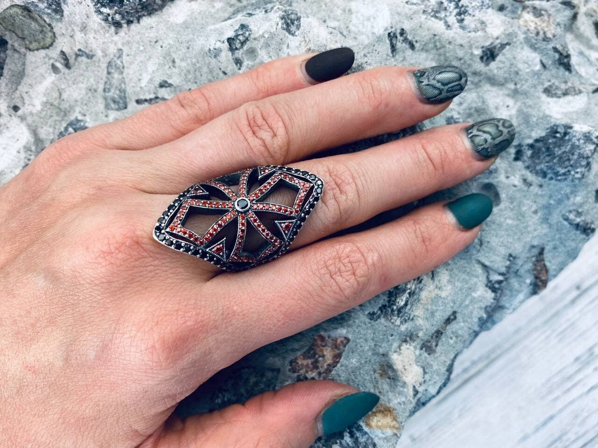 925 sterling silver gothic cross ring with red cubic zirconia and openwork medieval-inspired design