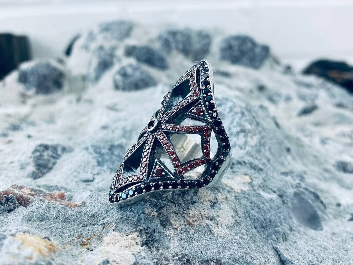 925 sterling silver gothic cross ring with red cubic zirconia and openwork medieval-inspired design
