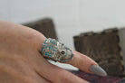 925 sterling silver Mexican-inspired sugar skull ring with blue cubic zirconia details