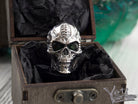 Blade skull ring in 925 sterling silver with sculpted skull details and dark recessed eye sockets, displayed in a wooden Yeti Jewelry gift box.