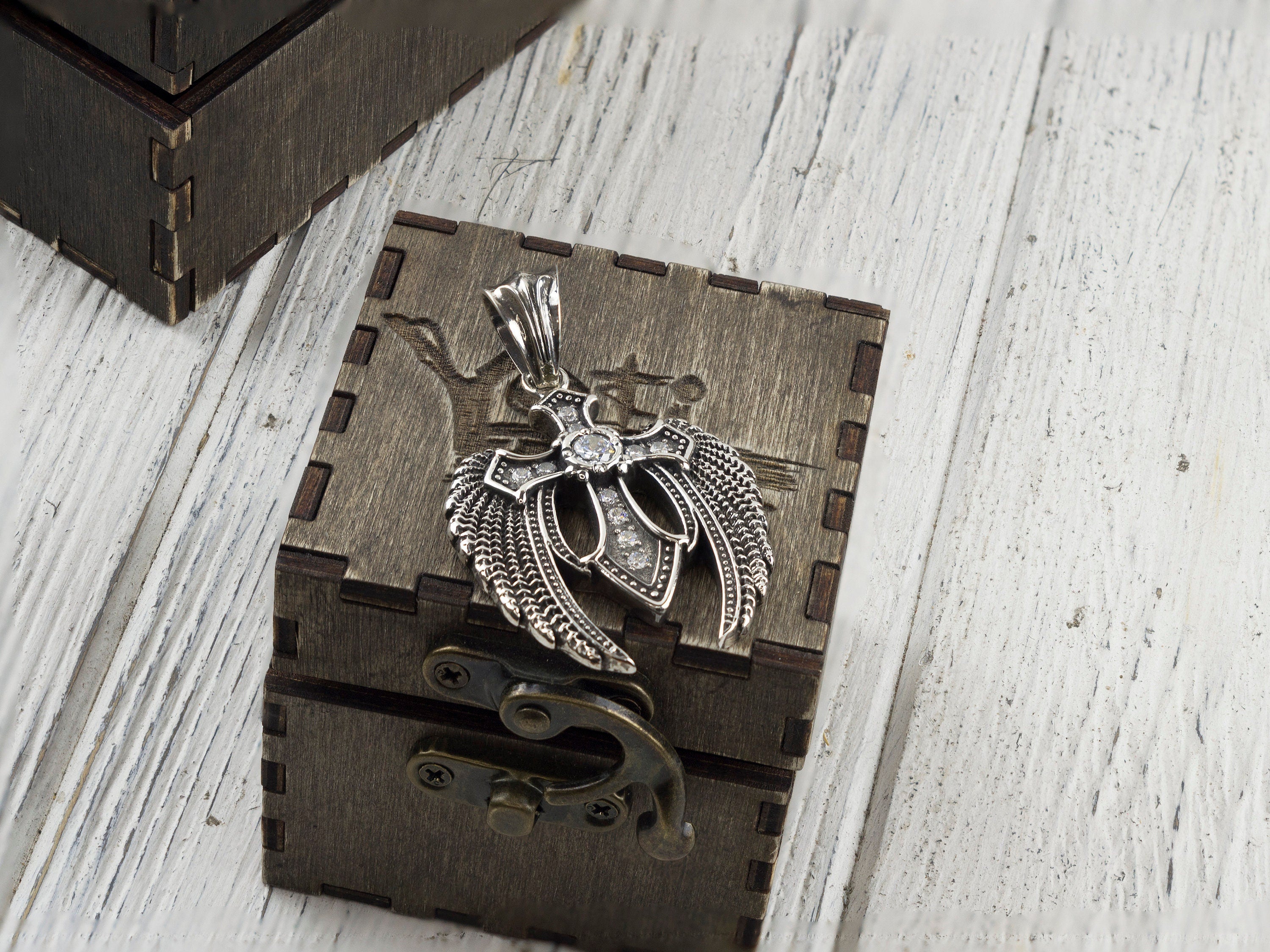 Large 925 sterling silver Angel Cross pendant with sculpted wings, central cross and clear cubic zirconia details