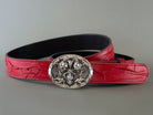 Handmade red genuine leather belt strap with embossed textured design, two-layer construction and 38 mm width