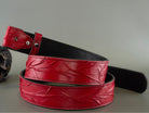 Handmade red genuine leather belt strap with embossed textured design, two-layer construction and 38 mm width