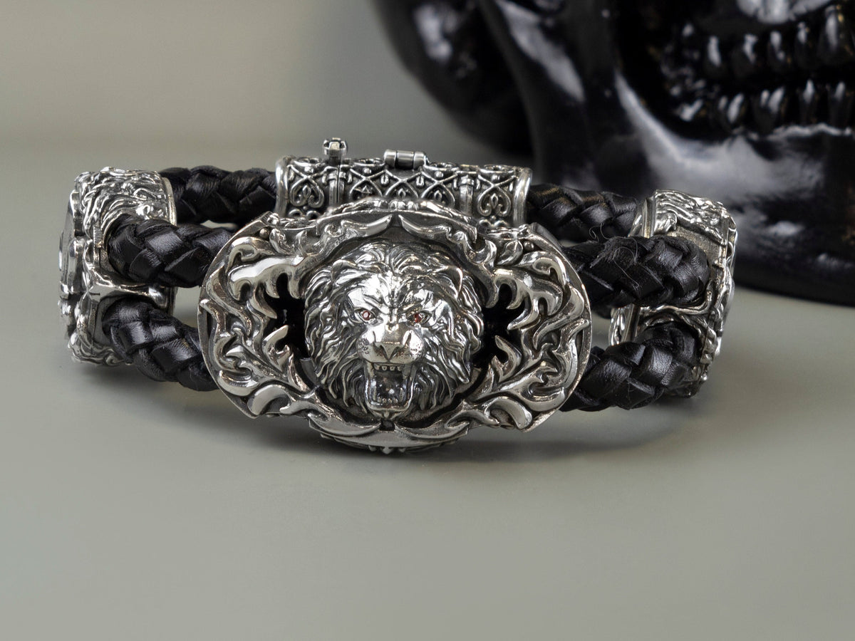 Heavy Lion bracelet with sculpted 925 sterling silver lion head and braided black leather bands