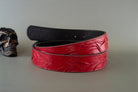 Handmade red genuine leather belt strap with embossed textured design, two-layer construction and 38 mm width