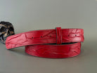 Handmade red genuine leather belt strap with embossed textured design, two-layer construction and 38 mm width