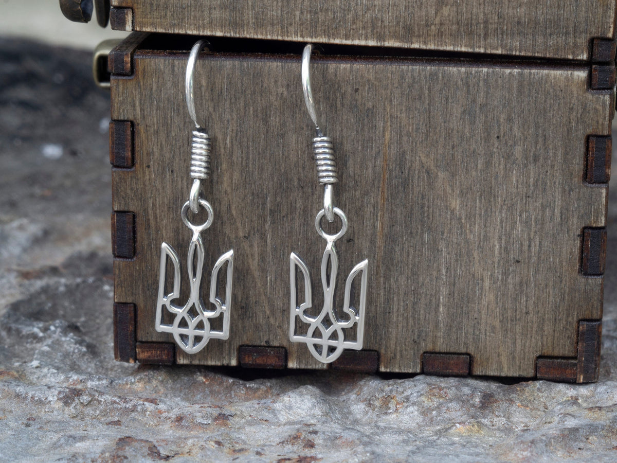 Minimalist 925 sterling silver Tryzub drop earrings featuring Ukrainian trident designs