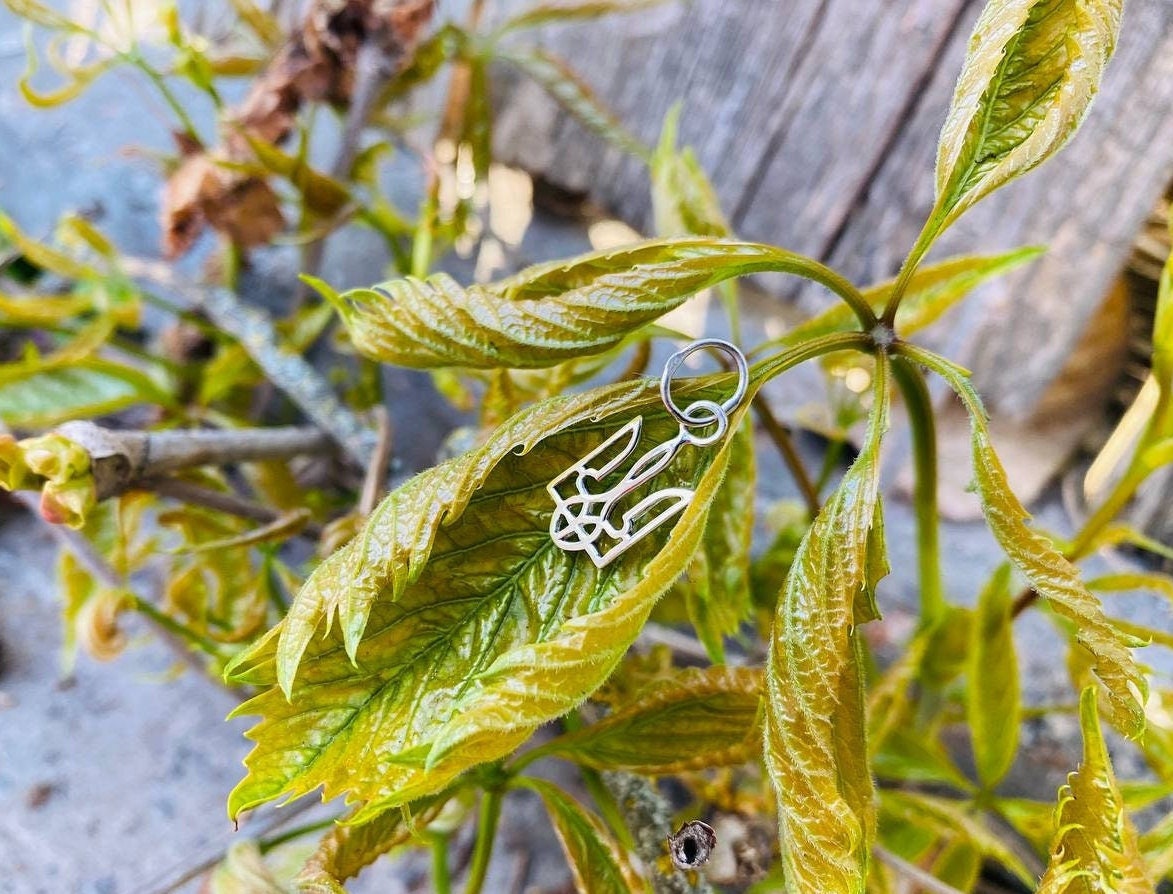 Tiny Ukrainian Tryzub pendant in 925 sterling silver with an openwork trident design, photographed among green leaves.