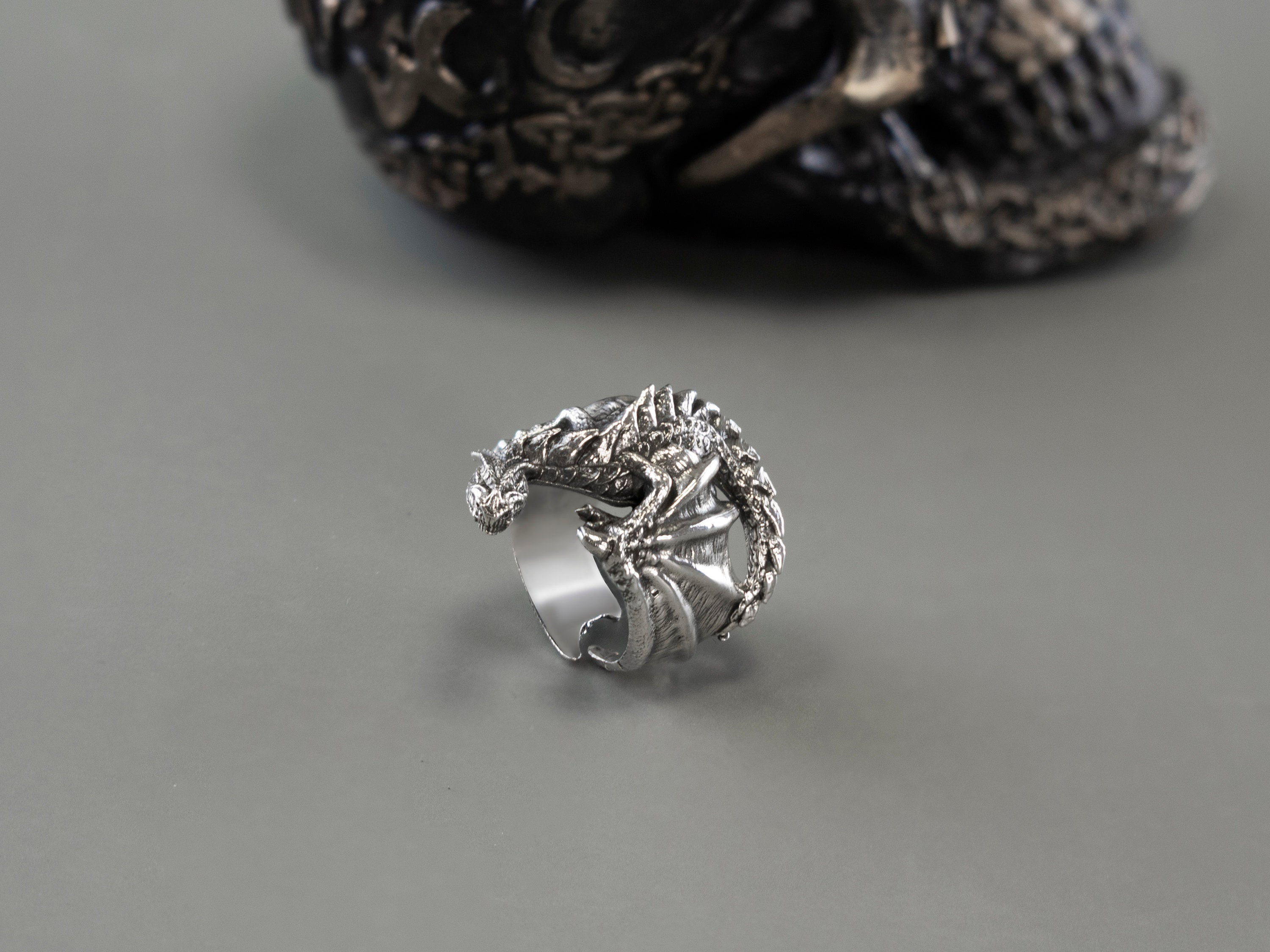 925 sterling silver Dragon’s Grasp ring with detailed sculptural dragon, scales and claw design
