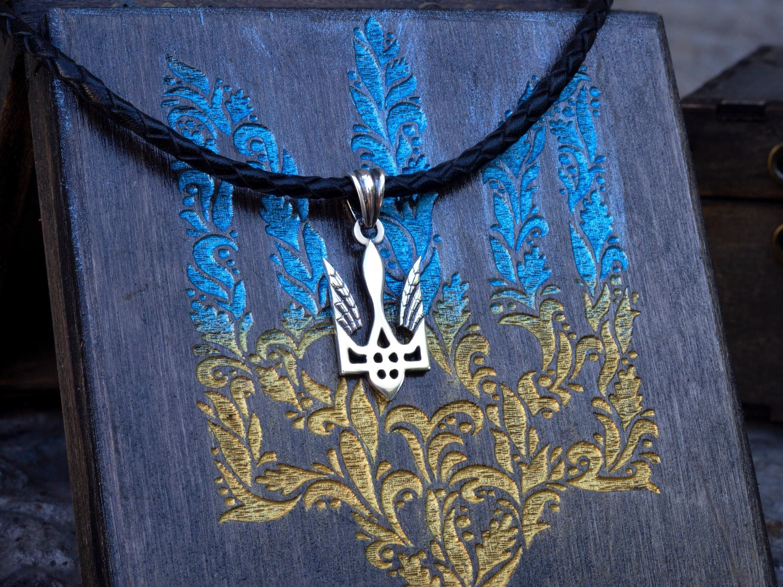 925 sterling silver Ukrainian Tryzub trident pendant on a black braided cord