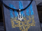 925 sterling silver Ukrainian Tryzub trident pendant on a black braided cord