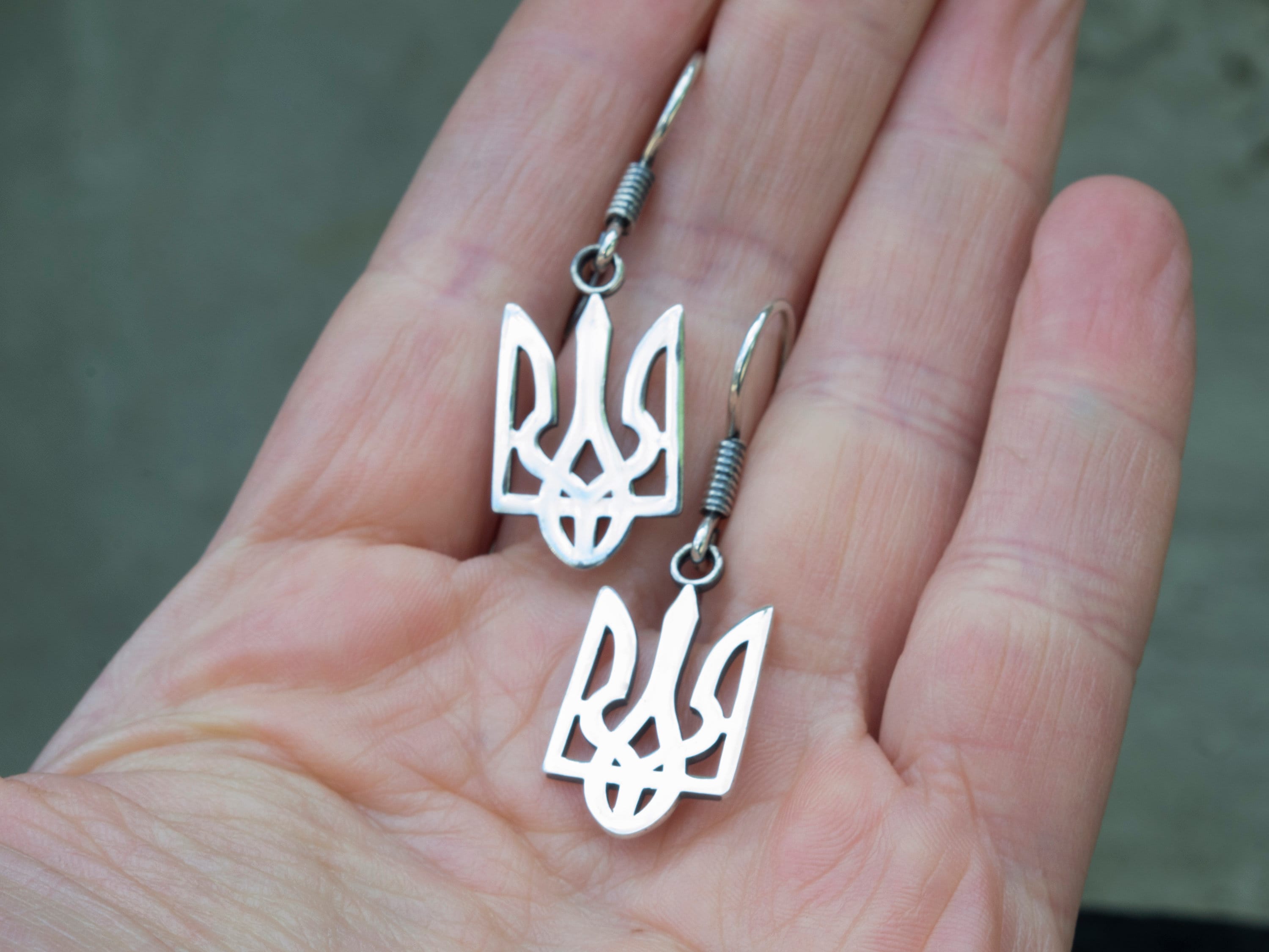 925 sterling silver Tryzub drop earrings featuring polished Ukrainian trident designs