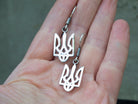 925 sterling silver Tryzub drop earrings featuring polished Ukrainian trident designs