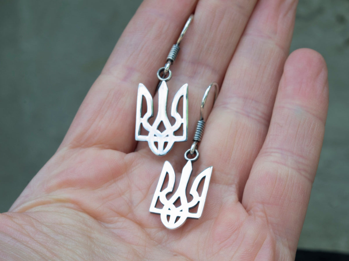 925 sterling silver Tryzub drop earrings featuring polished Ukrainian trident designs