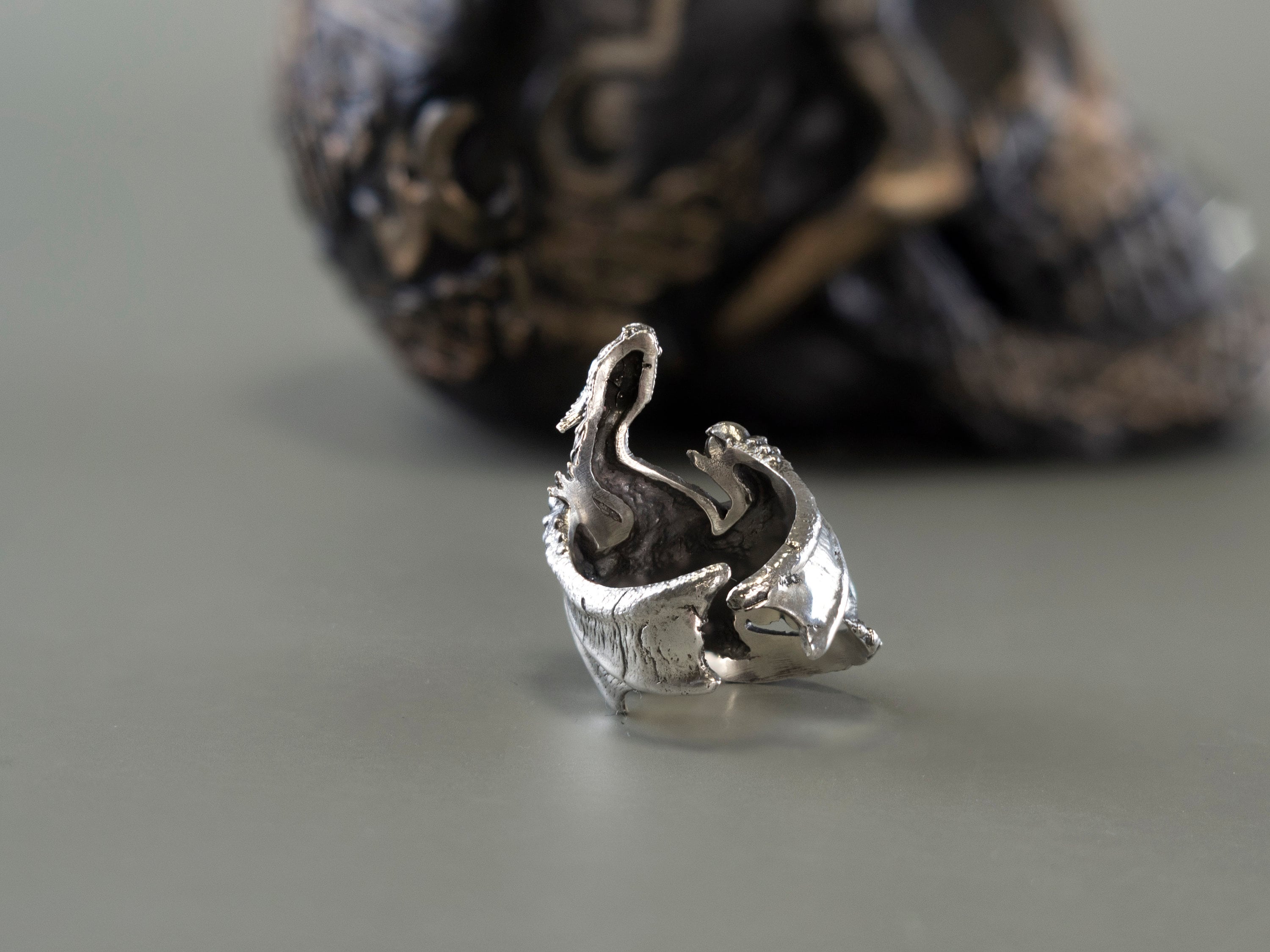 925 sterling silver Dragon’s Grasp ring with detailed sculptural dragon, scales and claw design
