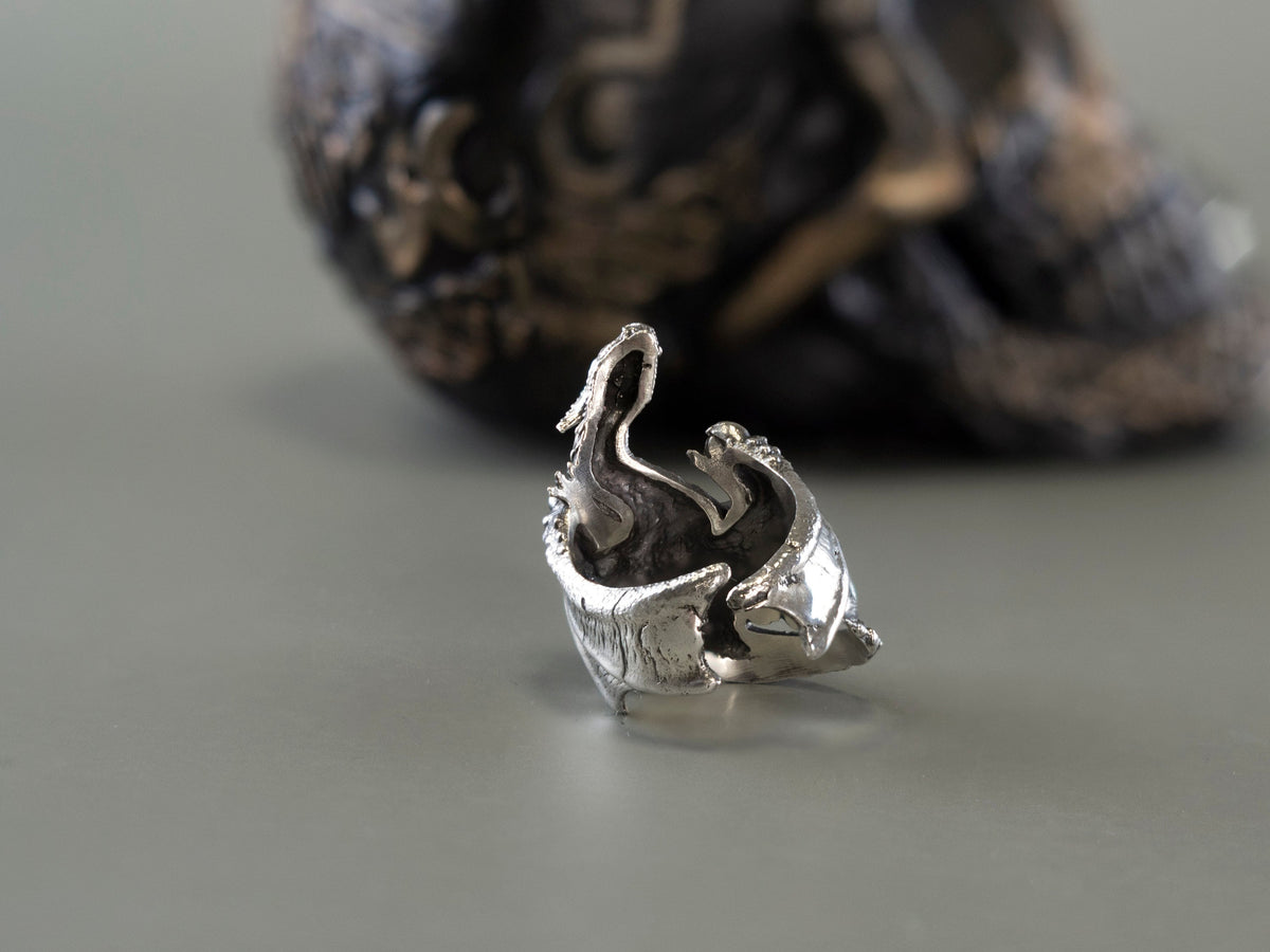 925 sterling silver Dragon’s Grasp ring with detailed sculptural dragon, scales and claw design
