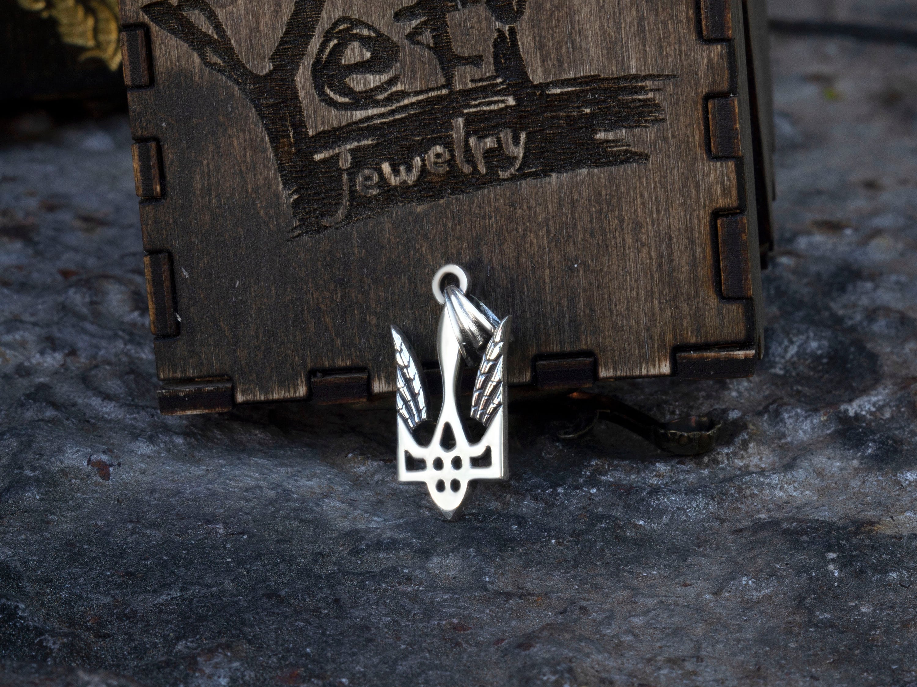 925 sterling silver Ukrainian Tryzub trident pendant on a black braided cord