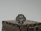 Ukrainian Warrior ring in 925 sterling silver featuring a detailed warrior relief, dark oxidized background, and polished ornamental border.