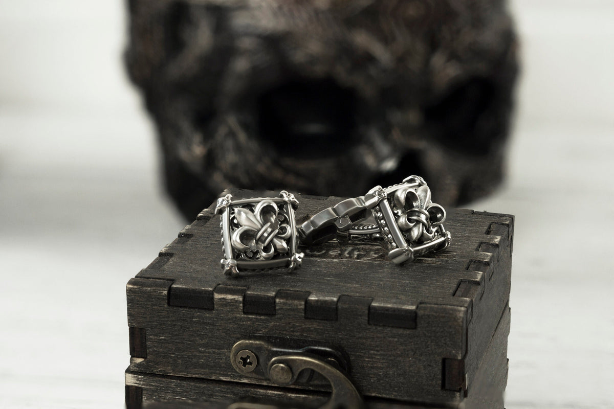 Fleur de Lis men's cufflinks handcrafted from 925 sterling silver with detailed gothic-inspired design