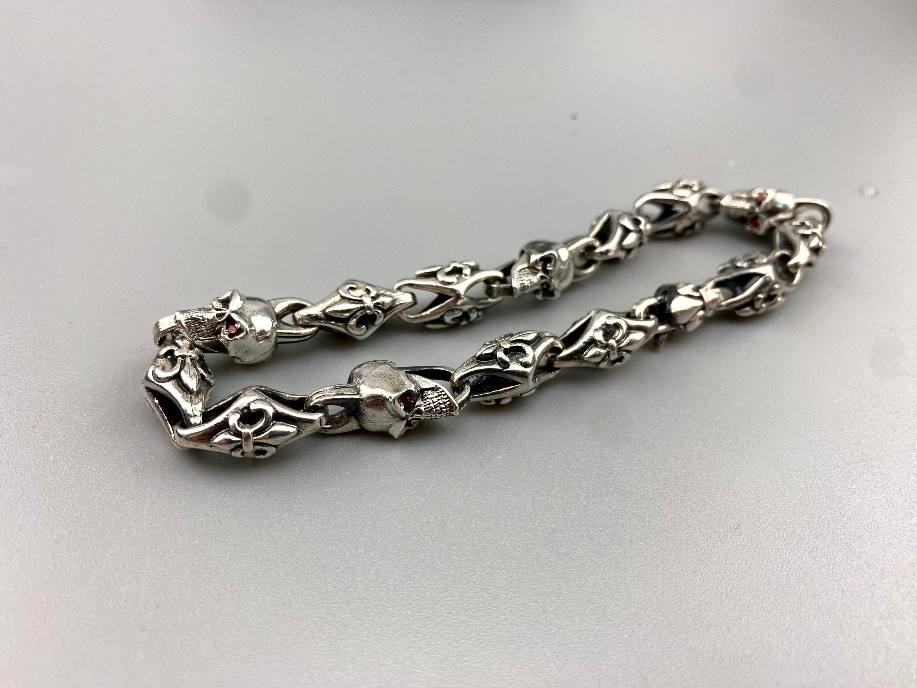 Zack 925 sterling silver garnet bracelet with gothic biker design