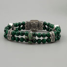 Handcrafted 73g solid sterling silver "Vivian" double-strand malachite beaded bracelet featuring a green pave Fleur-de-lis charm and detailed box clasp