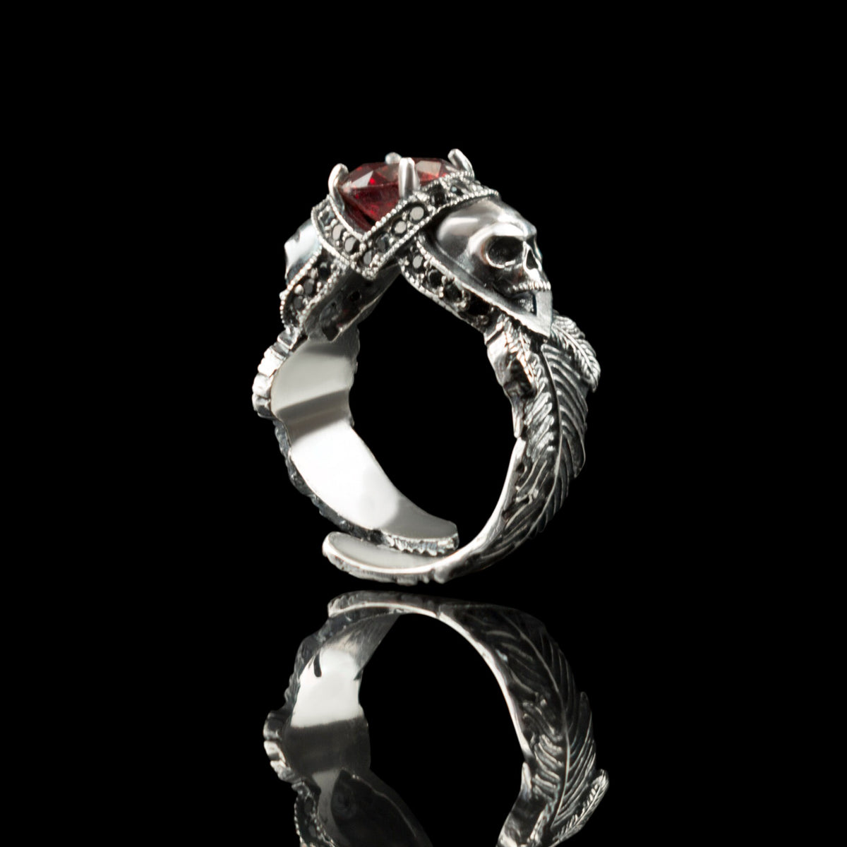 Atropos 925 sterling silver skull ring with red cubic zirconia and gothic biker design