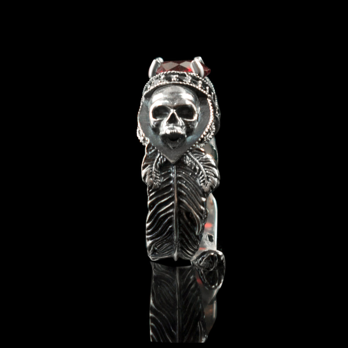 Atropos 925 sterling silver skull ring with red cubic zirconia and gothic biker design