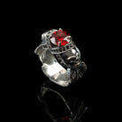Atropos 925 sterling silver skull ring with red cubic zirconia and gothic biker design
