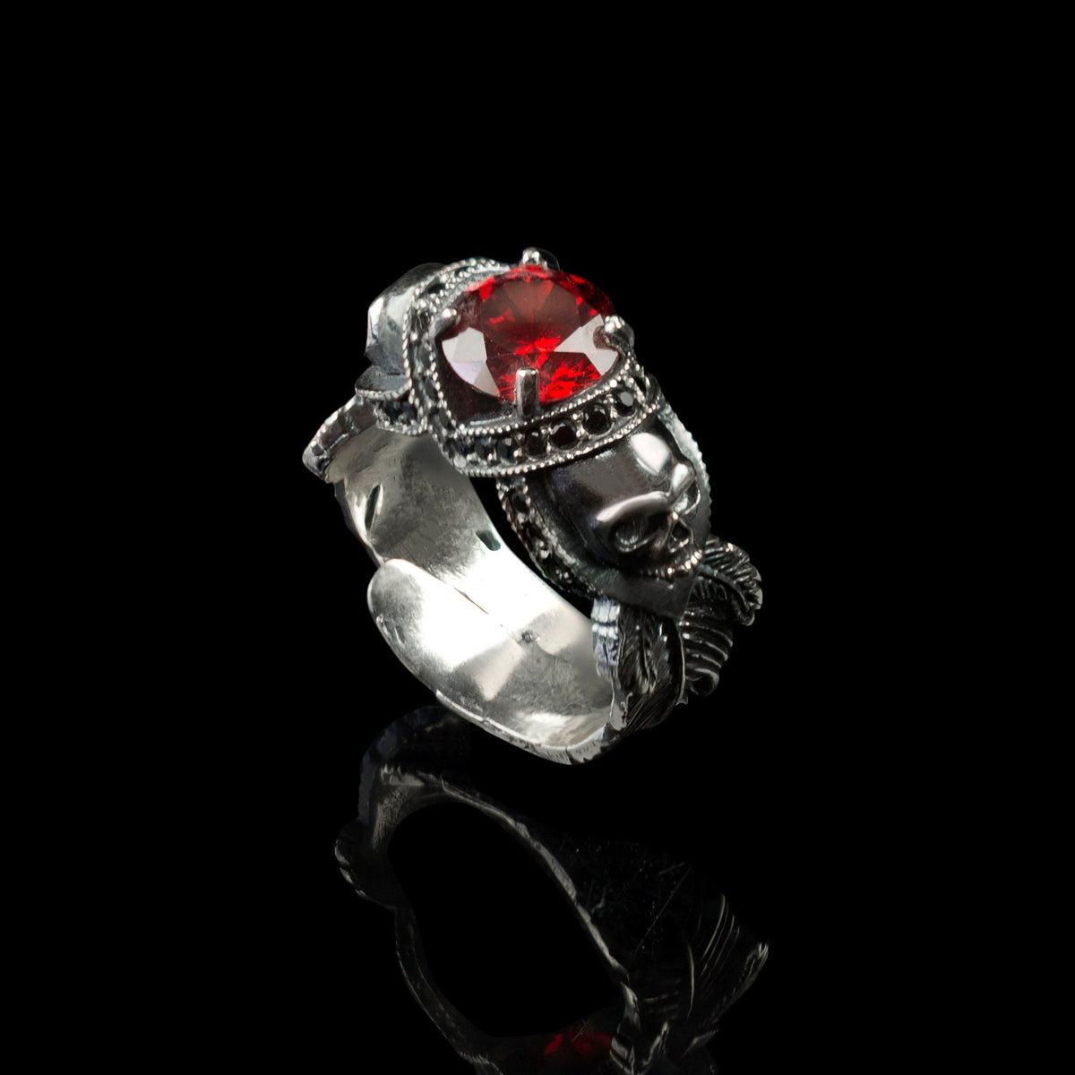 Atropos 925 sterling silver skull ring with red cubic zirconia and gothic biker design