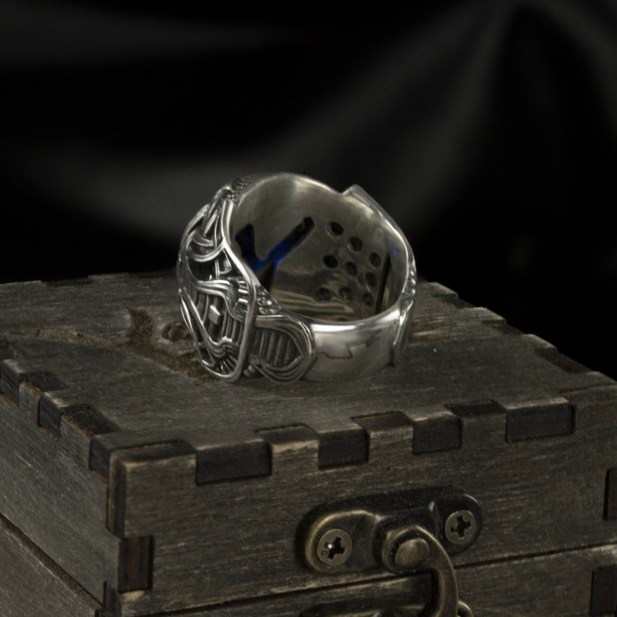 Octavius 925 sterling silver signet ring with deep blue cubic zirconia and gothic relief