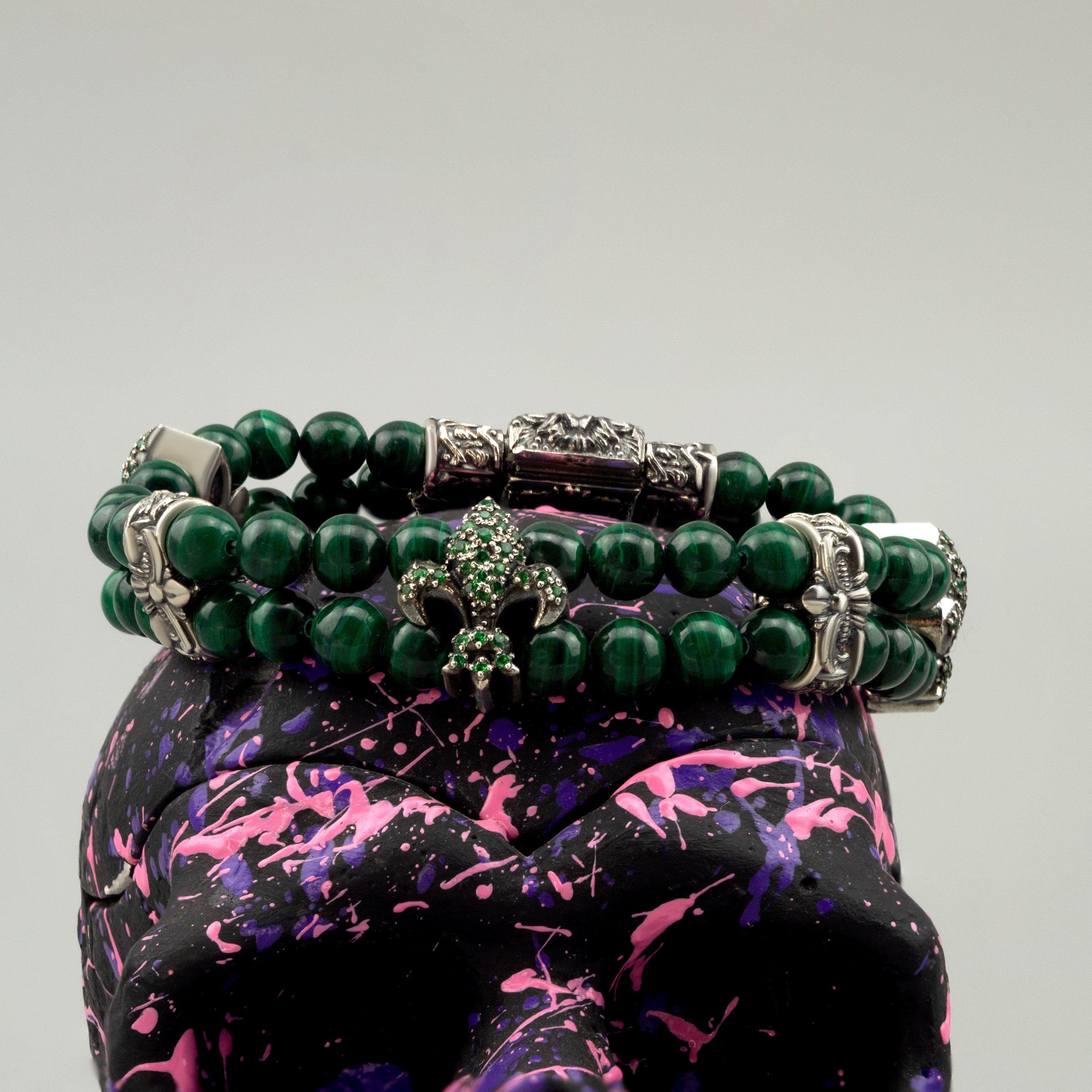Handcrafted 73g solid sterling silver "Vivian" double-strand malachite beaded bracelet featuring a green pave Fleur-de-lis charm and detailed box clasp