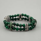 Handcrafted 73g solid sterling silver "Vivian" double-strand malachite beaded bracelet featuring a green pave Fleur-de-lis charm and detailed box clasp