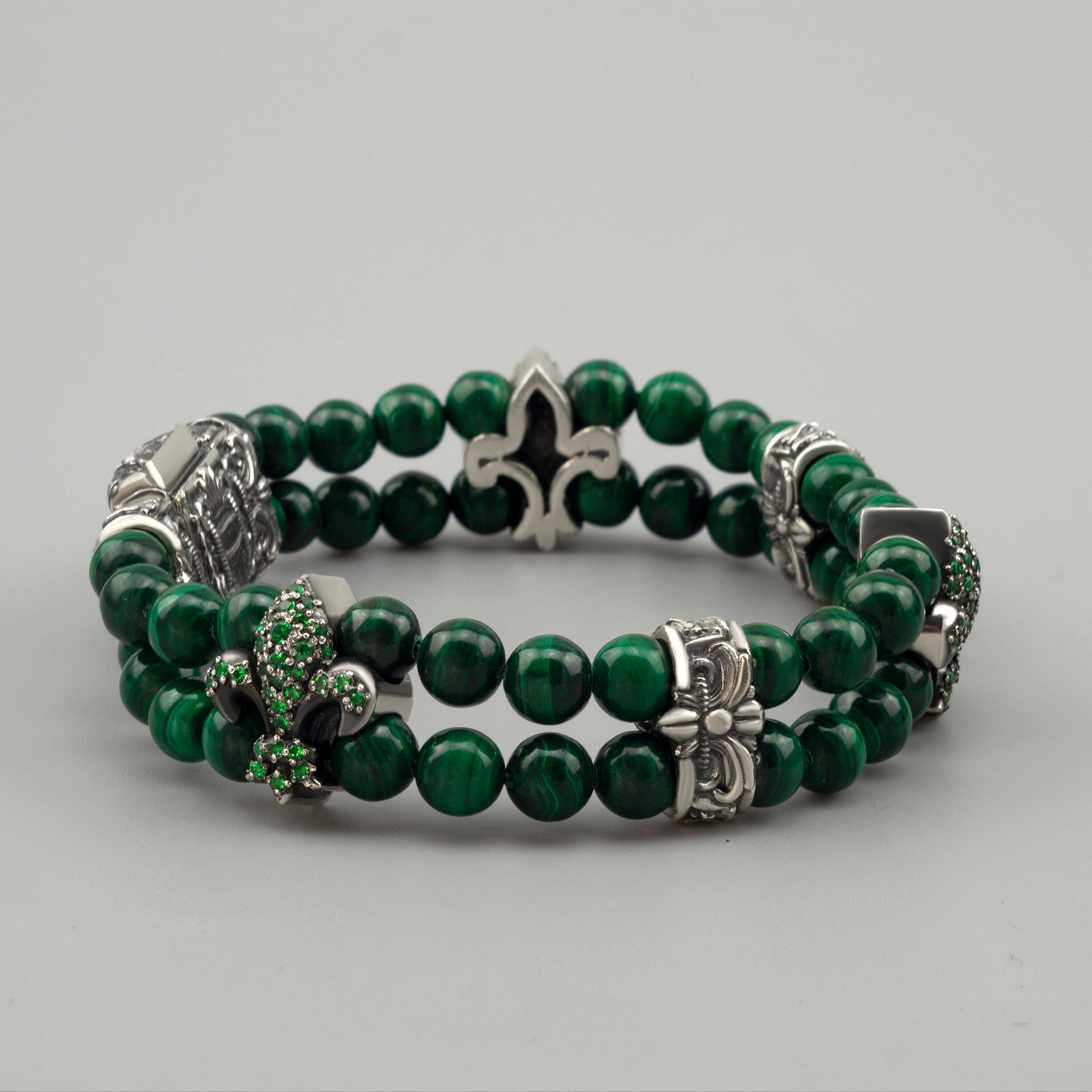 Handcrafted 73g solid sterling silver "Vivian" double-strand malachite beaded bracelet featuring a green pave Fleur-de-lis charm and detailed box clasp