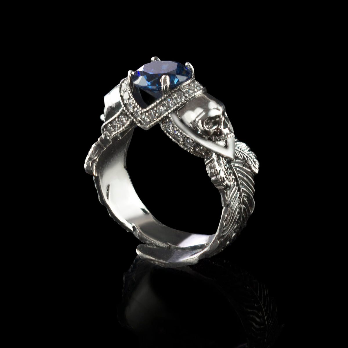 Atropos 925 sterling silver skull ring with blue cubic zirconia and gothic biker design