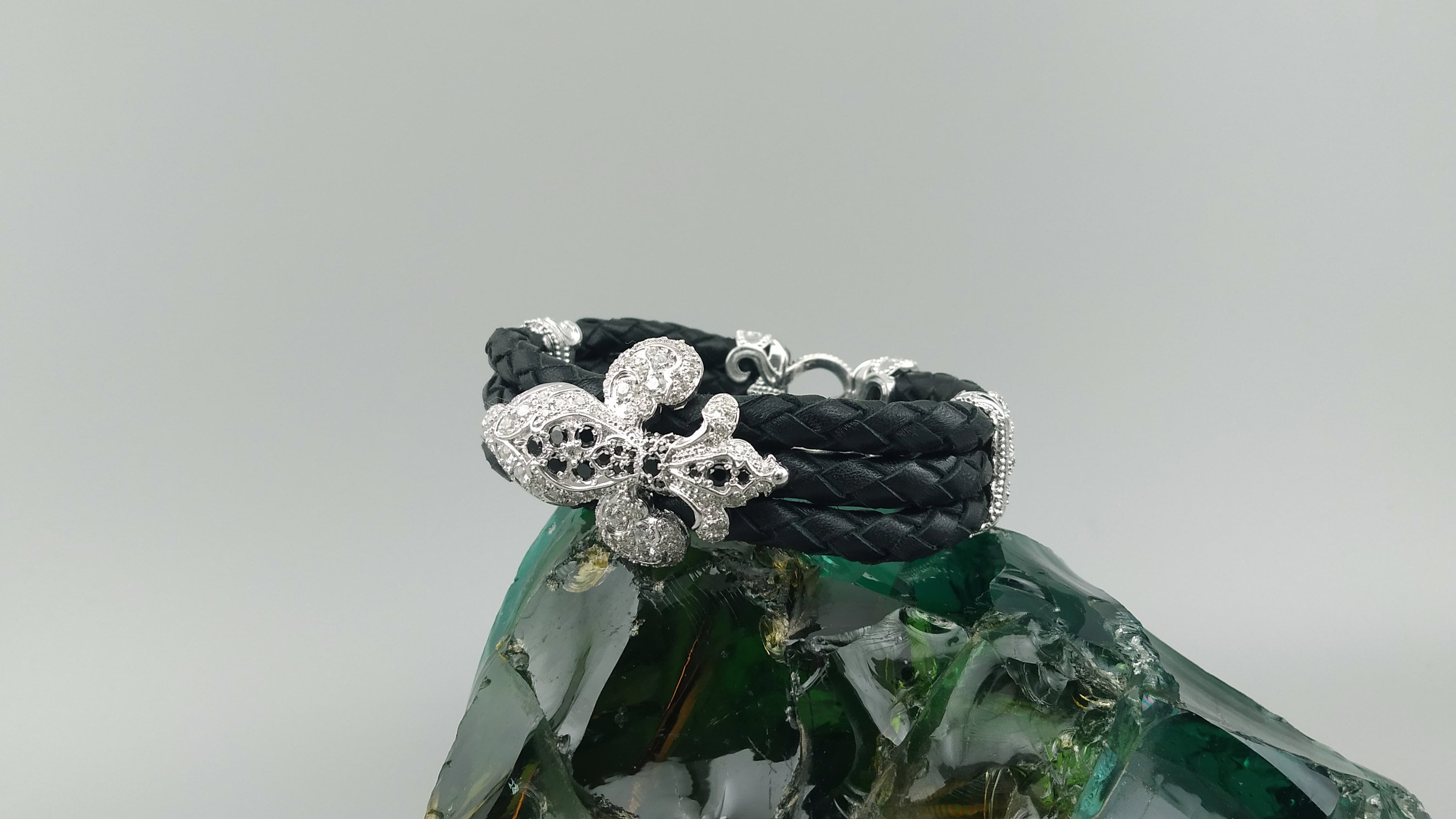 Mary women's gothic bracelet with black braided genuine leather, ornate 925 sterling silver centerpiece, and cubic zirconia stones