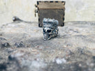 Oxidized silver crowned skull ring, other side view