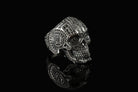 Ornate calavera skull ring in 925 silver, three-quarter view