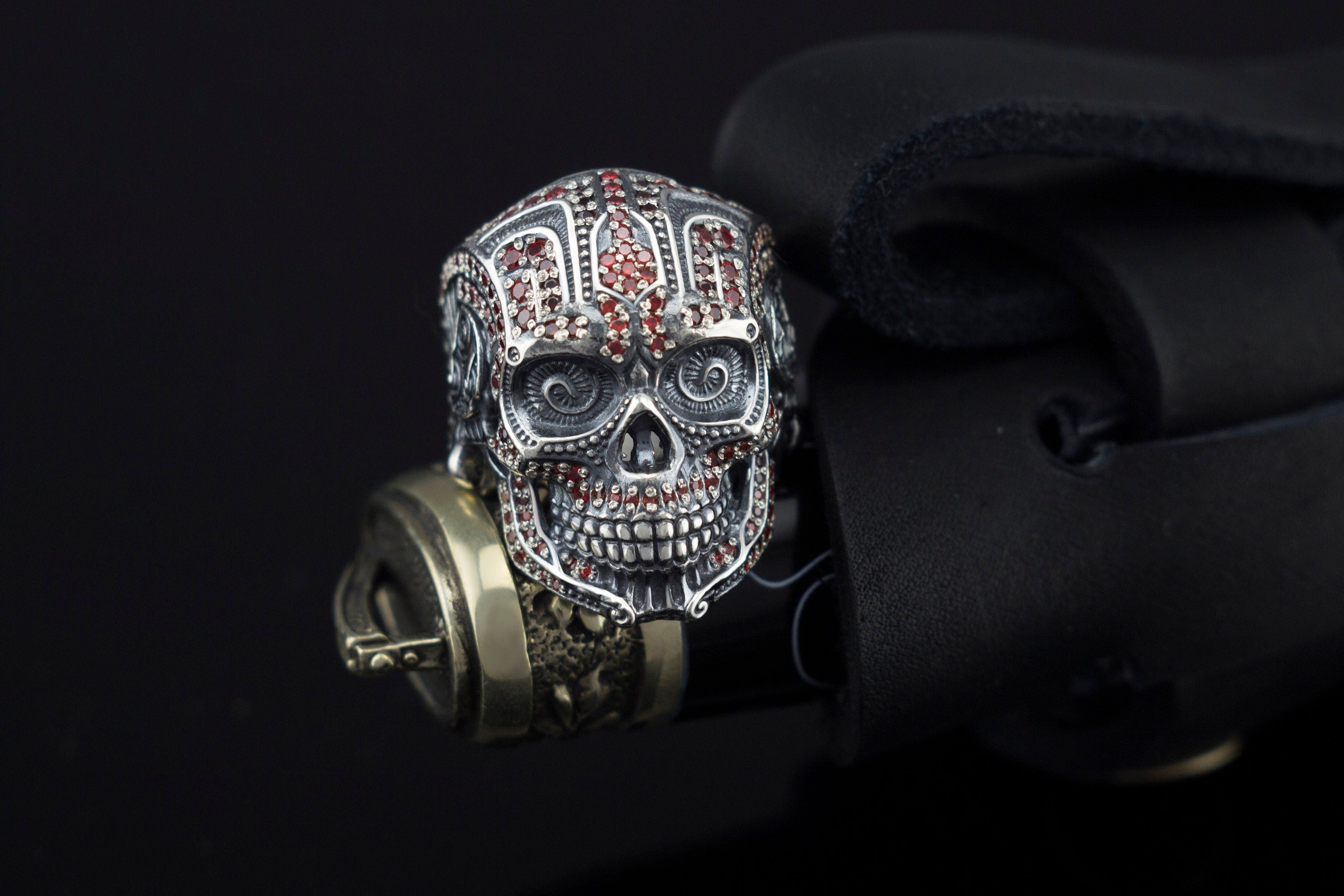 Mexican sugar skull sterling silver ring with red cubic zirconia accents