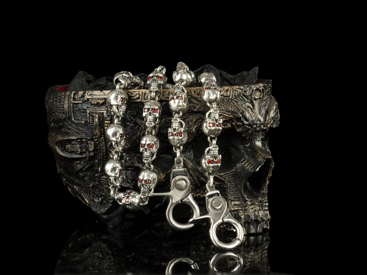 Mitchell wallet chain hanging in loops, sculpted skull links and snap hook
