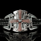 Front view of the medieval cross shield with red stones on black leather