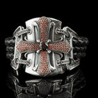 Queen of the Crusaders silver cross bracelet with red CZ on black braided leather